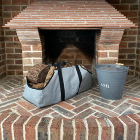 Fireside Ash Bucket in French Grey with Canvas Log Carrier Bag