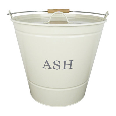 Fireside Powder Coated Steel Cream w/ Lid Wooden Grip Fireplace Accessory Large Ash Bucket