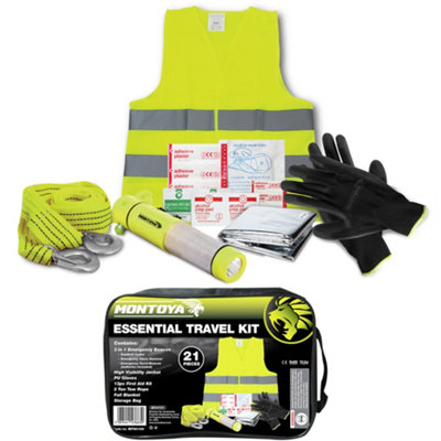 First Aid Car Travel Kit, Torch, Gloves, Tow Rope, High-Vis, Plasters ...