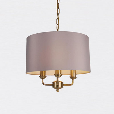 First Choice Lighting 3 Light Antique Brass Pendant Chandelier with Grey Fabric Shade