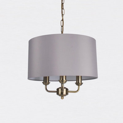 First Choice Lighting 3 Light Antique Brass Pendant Chandelier with Grey Fabric Shade