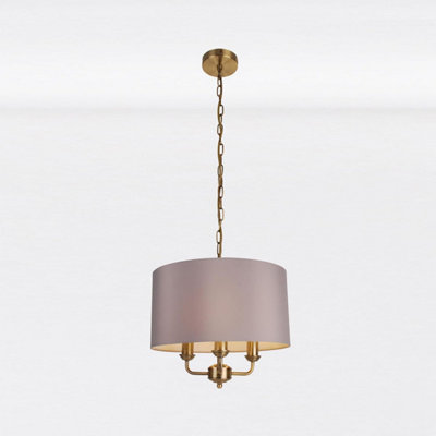 First Choice Lighting 3 Light Antique Brass Pendant Chandelier with Grey Fabric Shade