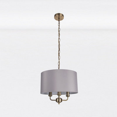 First Choice Lighting 3 Light Antique Brass Pendant Chandelier with Grey Fabric Shade