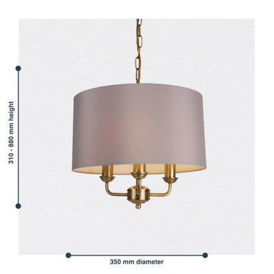 First Choice Lighting 3 Light Antique Brass Pendant Chandelier with Grey Fabric Shade