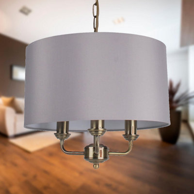 First Choice Lighting 3 Light Antique Brass Pendant Chandelier with Grey Fabric Shade