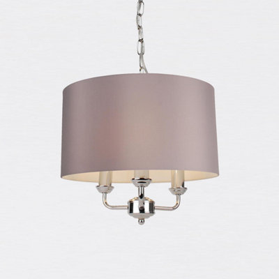First Choice Lighting 3 Light Chrome Pendant Chandelier with Grey Fabric Shade
