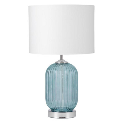 First Choice Lighting Amalfi Chrome Turquoise Ribbed Glass White Table Lamp With Shade