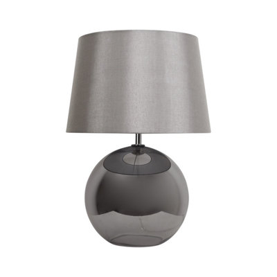 First Choice Lighting Ball Smoked Glass Table Lamp with Grey Fabric Shade