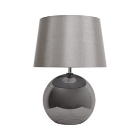 First Choice Lighting Ball Smoked Glass Table Lamp with Grey Fabric Shade