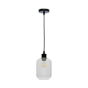First Choice Lighting Batley Clear Ribbed Glass with Black Pendant Fitting