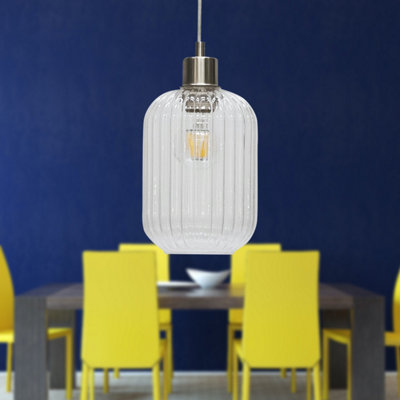 First Choice Lighting Batley Clear Ribbed Glass with Satin Nickel Pendant Fitting