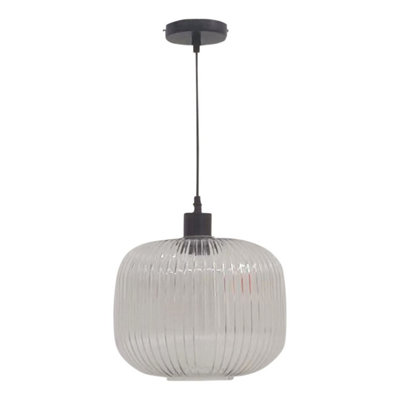 First Choice Lighting Batley Large Clear Ribbed Glass with Black Pendant Fitting