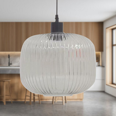 First Choice Lighting Batley Large Clear Ribbed Glass with Black Pendant Fitting