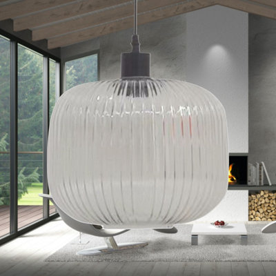 First Choice Lighting Batley Large Clear Ribbed Glass with Black Pendant Fitting