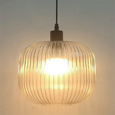 First Choice Lighting Batley Large Clear Ribbed Glass with Black Pendant Fitting