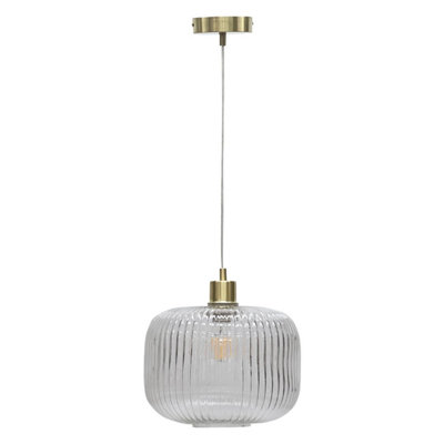 First Choice Lighting Batley Large Clear Ribbed Glass with Satin Brass Pendant Fitting