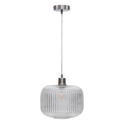 First Choice Lighting Batley Large Clear Ribbed Glass with Satin Nickel Pendant Fitting