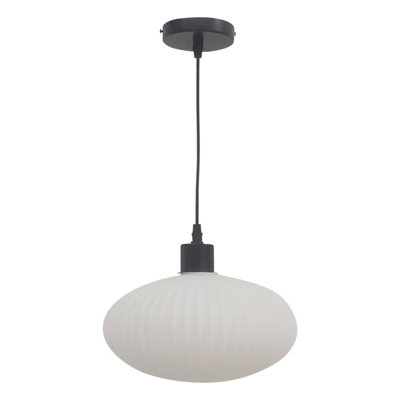 First Choice Lighting Baton White Ribbed Oval Glass with Black Pendant Fitting
