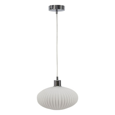 First Choice Lighting Baton White Ribbed Oval Glass with Chrome Pendant Fitting