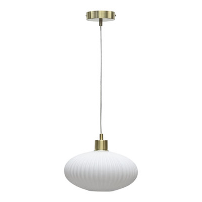 First Choice Lighting Baton White Ribbed Oval Glass with Satin Brass Pendant Fitting
