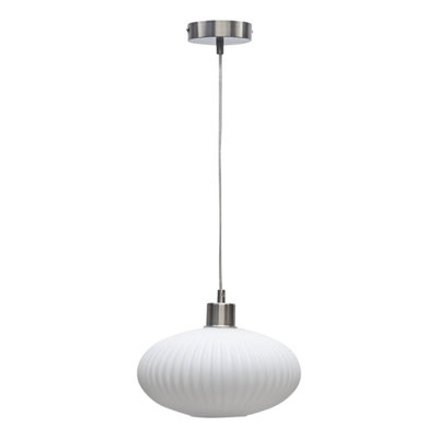 First Choice Lighting Baton White Ribbed Oval Glass with Satin Nickel Pendant Fitting