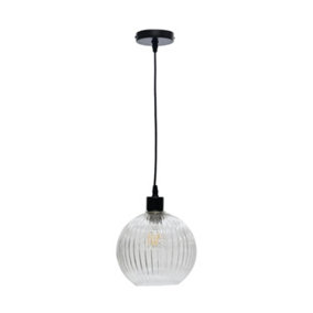 First Choice Lighting Betchley Clear Ribbed Glass Globe with Black Pendant Fitting