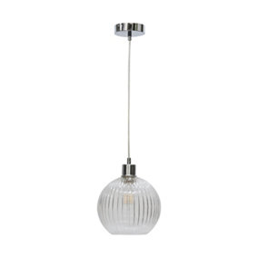 First Choice Lighting Betchley Clear Ribbed Glass Globe with Chrome Pendant Fitting