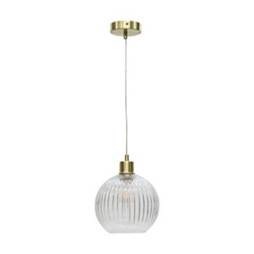 First Choice Lighting Betchley Clear Ribbed Glass Globe with Satin Brass Pendant Fitting