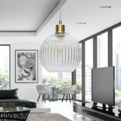 First Choice Lighting Betchley Clear Ribbed Glass Globe with Satin Brass Pendant Fitting