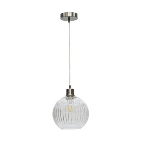 First Choice Lighting Betchley Clear Ribbed Glass Globe with Satin Nickel Pendant Fitting