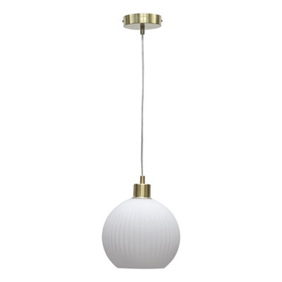 First Choice Lighting Betchley White Ribbed Glass Globe with Satin Brass Pendant Fitting