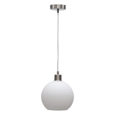 First Choice Lighting Betchley White Ribbed Glass Globe with Satin Nickel Pendant Fitting