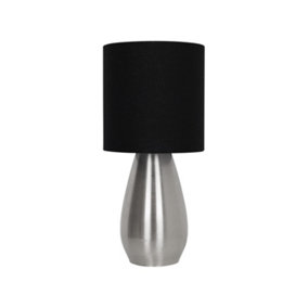 First Choice Lighting Bullet Satin Nickel Touch Table Lamp with Black Fabric Shade
