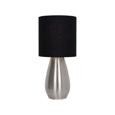 First Choice Lighting Bullet Satin Nickel Touch Table Lamp with Black Fabric Shade