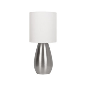 First Choice Lighting Bullet Satin Nickel Touch Table Lamp with White Fabric Shade