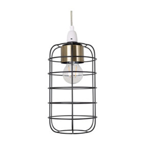 First Choice Lighting Cage Black and Antique Brass Industrial Style Easy Fit Pendant Shade
