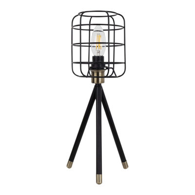 First Choice Lighting Cage Black and Antique Brass Industrial Style Tripod Table Lamp