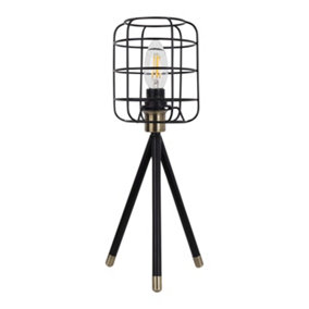 First Choice Lighting Cage Black and Antique Brass Industrial Style Tripod Table Lamp