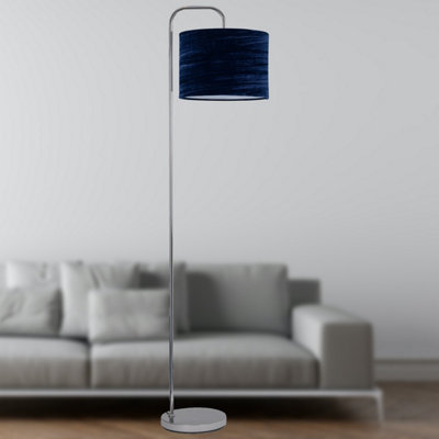 First Choice Lighting Chrome Arched Floor Lamp with Navy Blue Crushed Velvet Shade