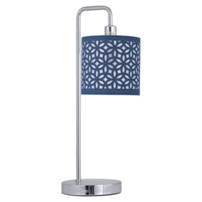 First Choice Lighting Chrome Arched Table Lamp with Navy Blue Laser Cut Shade