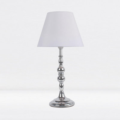 First Choice Lighting Chrome Plate Bedside Table Light with Detailed Column and White Fabric Shade