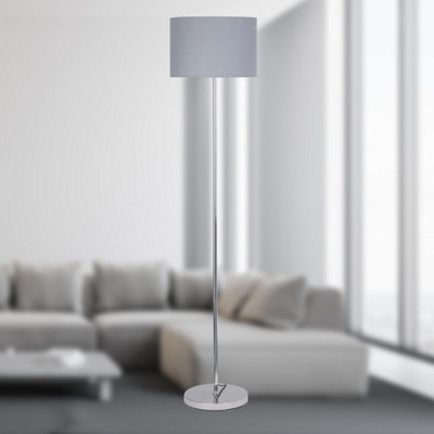 First Choice Lighting Chrome Stick Floor Lamp with Grey Cotton Shade