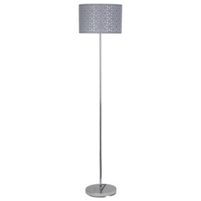 First Choice Lighting Chrome Stick Floor Lamp with Grey Laser Cut Shade