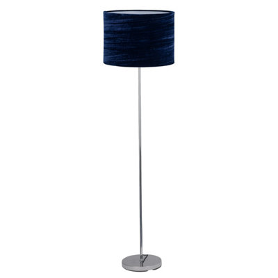 First Choice Lighting Chrome Stick Floor Lamp with Navy Blue Crushed Velvet Shade