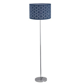 First Choice Lighting Chrome Stick Floor Lamp with Navy Blue Laser Cut Shade