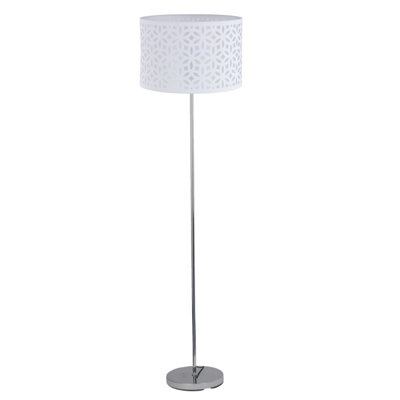 First Choice Lighting Chrome Stick Floor Lamp with White Laser Cut Shade