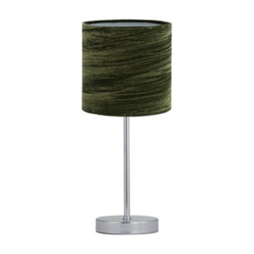 First Choice Lighting Chrome Stick Table Lamp with Green Crushed Velvet Shade