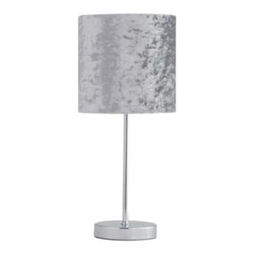 First Choice Lighting Chrome Stick Table Lamp with Grey Crushed Velvet Shade