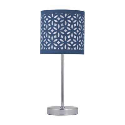 First Choice Lighting Chrome Stick Table Lamp with Navy Blue Laser Cut Shade