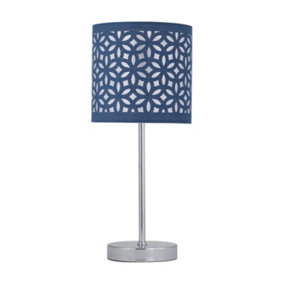 First Choice Lighting Chrome Stick Table Lamp with Navy Blue Laser Cut Shade